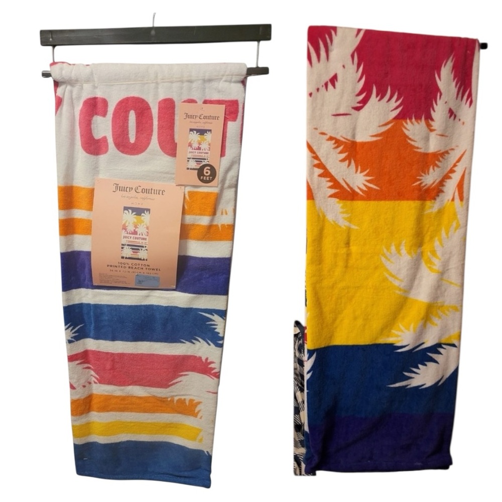 Juicy Couture Beach Towel 36" x 72" 6 Feet Long with palm trees and striped NWT